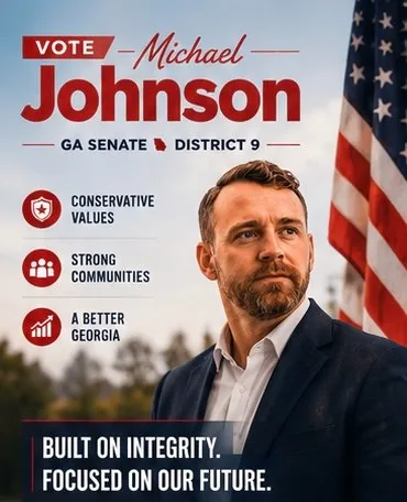Michael Johnson, Republican candidate for Georgia Senate District 9, standing confidently with the American flag