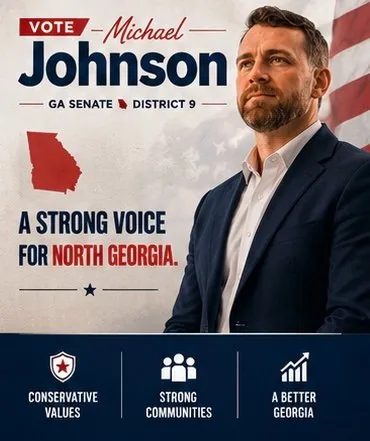 Michael Johnson with a Georgia state map highlighting District 9